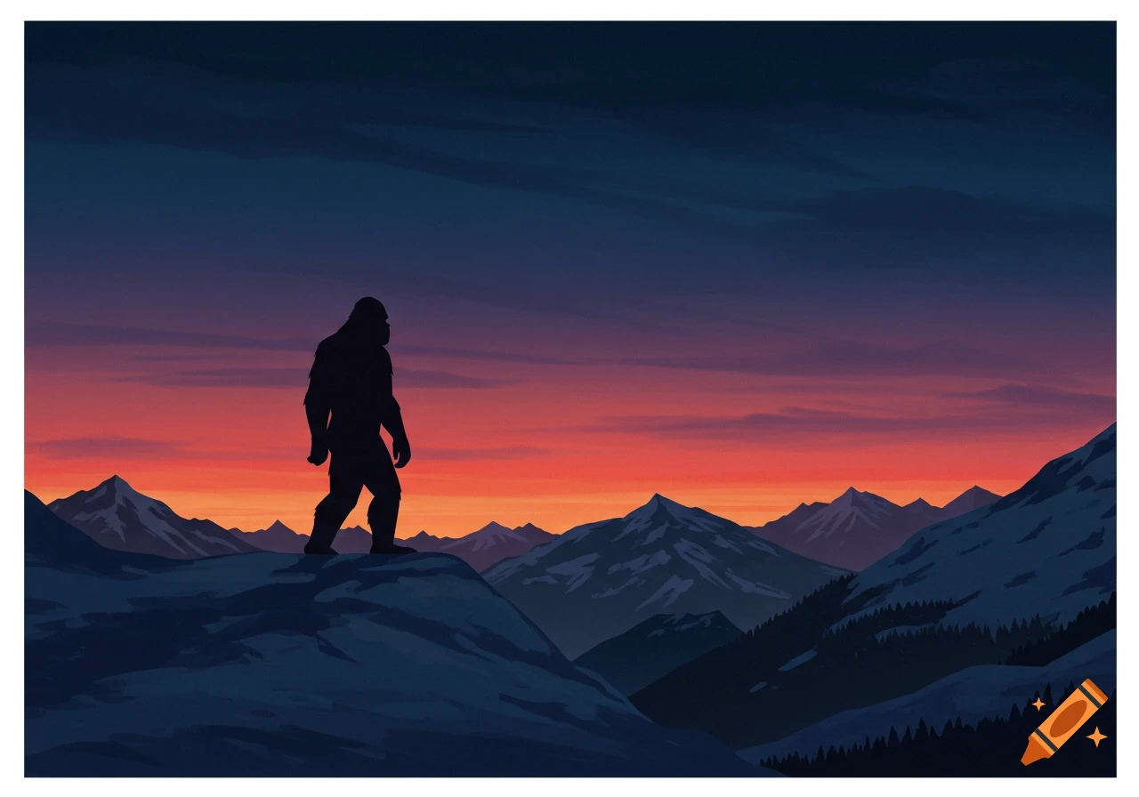Silhouette of a sasquatch on a snowy mountain ridge at sunset, illustration style.