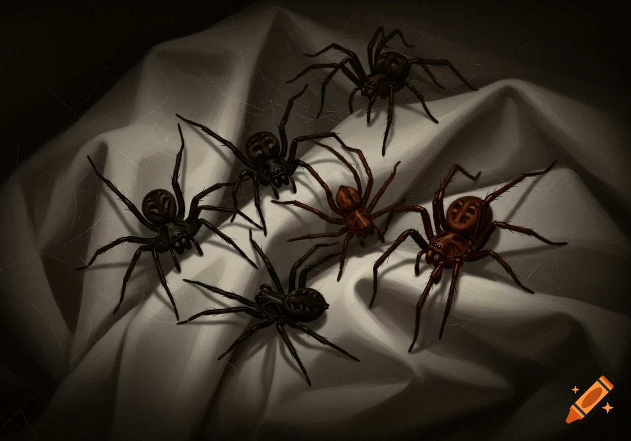 Illustration of five spiders on a white sheet.