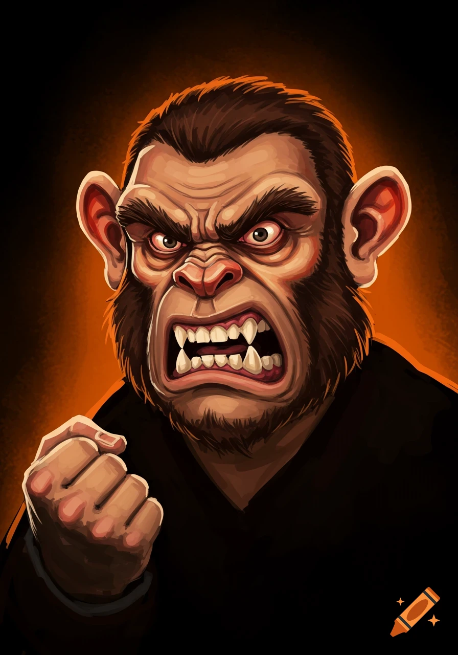 Stylized illustration of an angry man-monkey hybrid with bared teeth and raised fist.