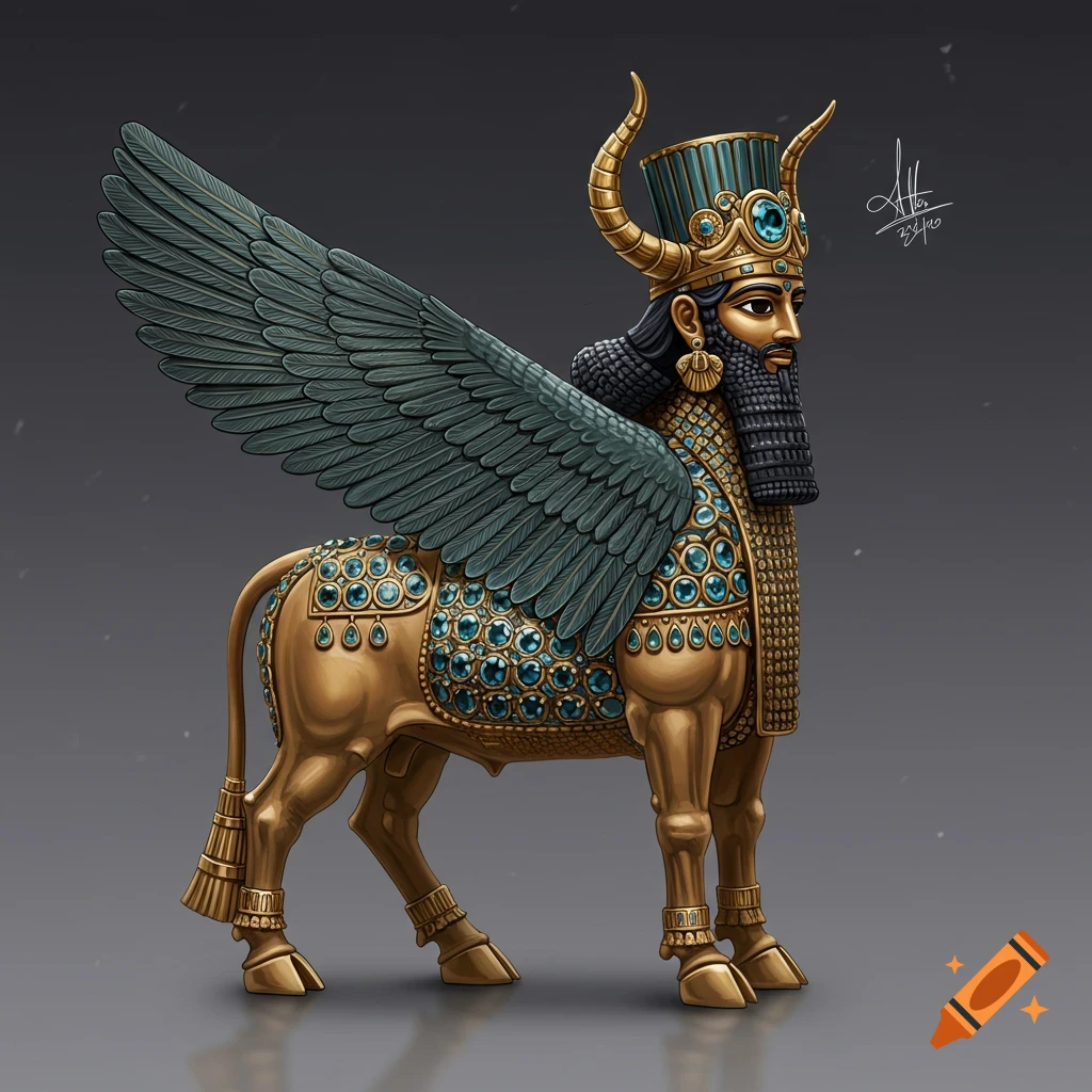 A golden winged human-headed bull statue adorned with blue jewels.