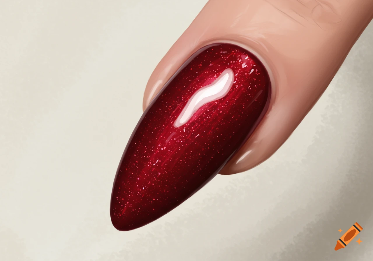 Close-up of a stiletto fingernail with red glitter polish and high shine