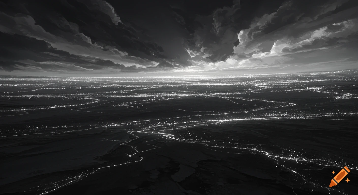 Black and white aerial view of a landscape sparkling with lights at night under a cloudy sky.