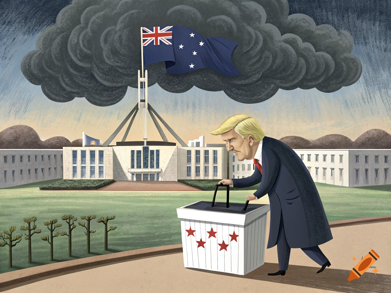 Cartoon of Donald Trump pushing a box towards the Australian Parliament House under a dark cloud.