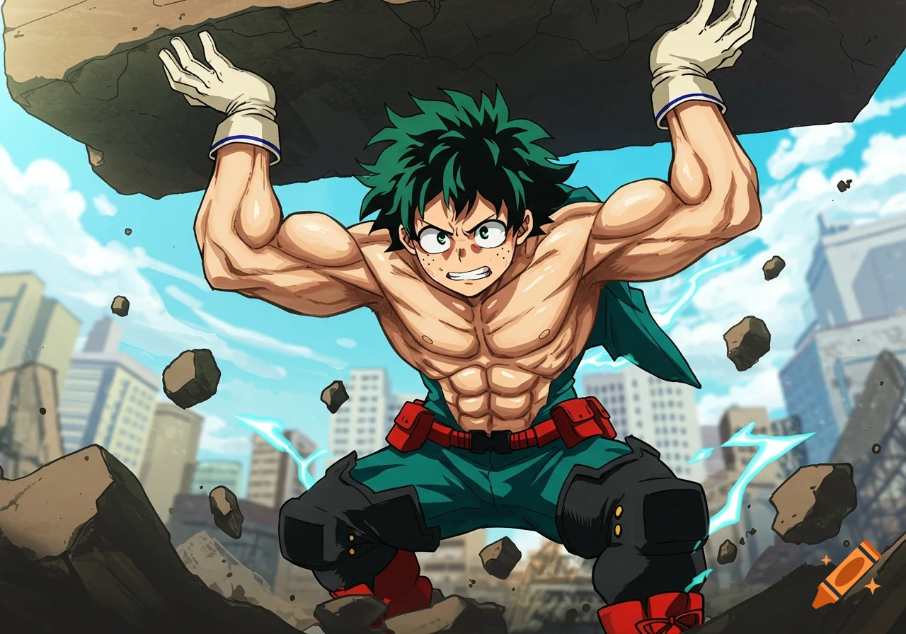 Izuku Midoriya, muscular, holding up a rock in the style of Atlas, surrounded by debris in an anime city.