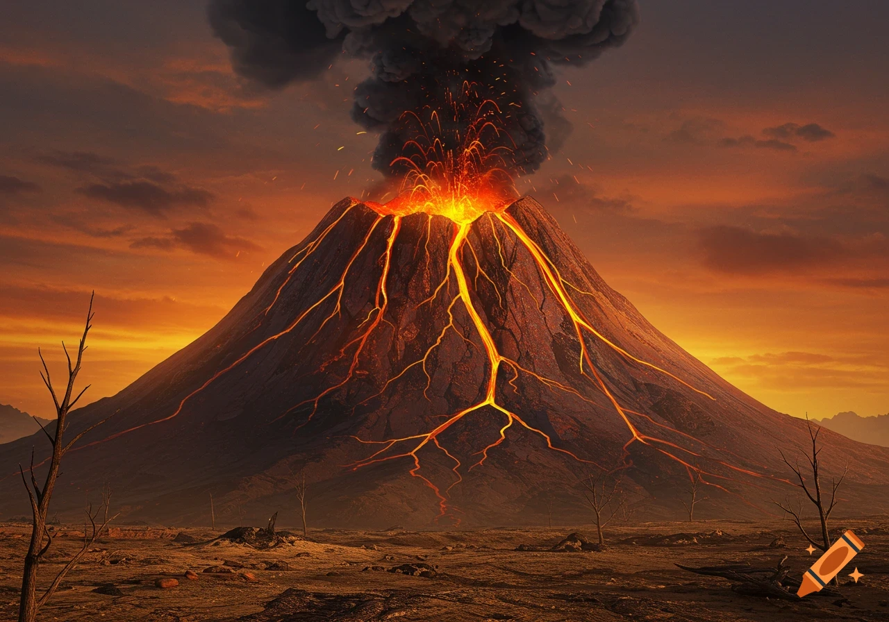 Volcano erupting with lava flowing down its sides under a dramatic orange sky.