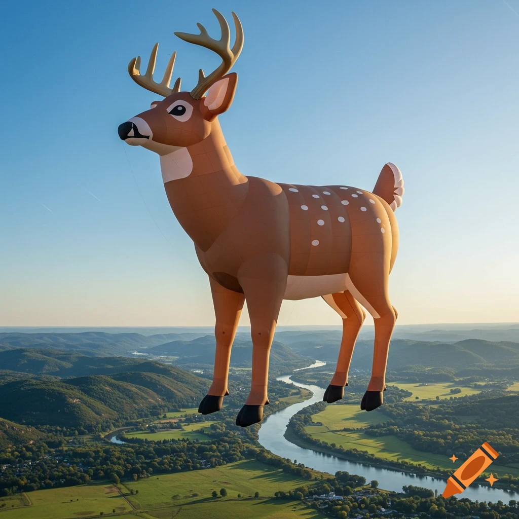 A giant white-tailed deer hot air balloon floats high above a scenic river valley landscape.
