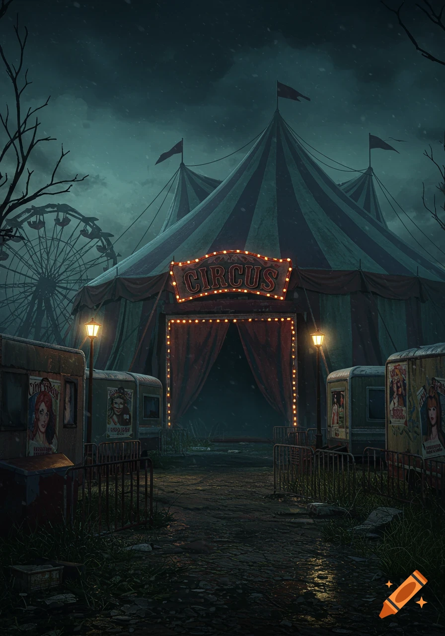 Dark, abandoned circus tent with Ferris wheel and trailers at night.