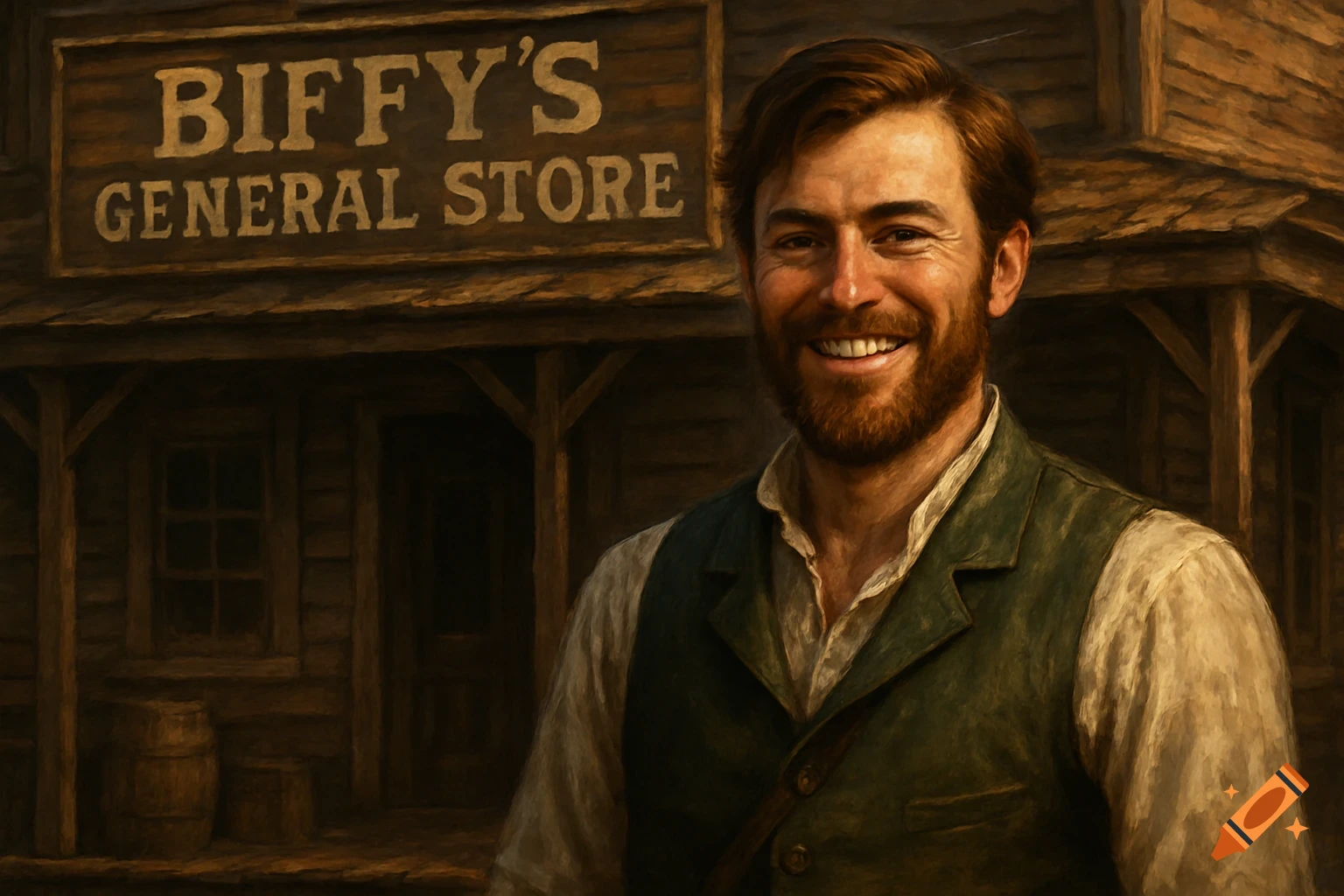 Smiling man in green vest standing in front of Biffy's General Store, Western art style.