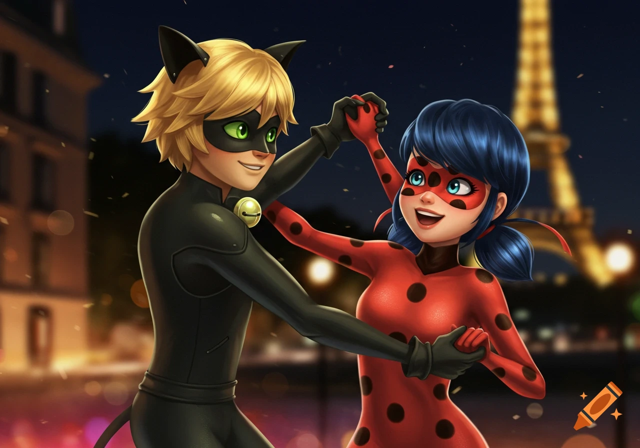 Illustration of Ladybug and Chat Noir dancing in Paris at night