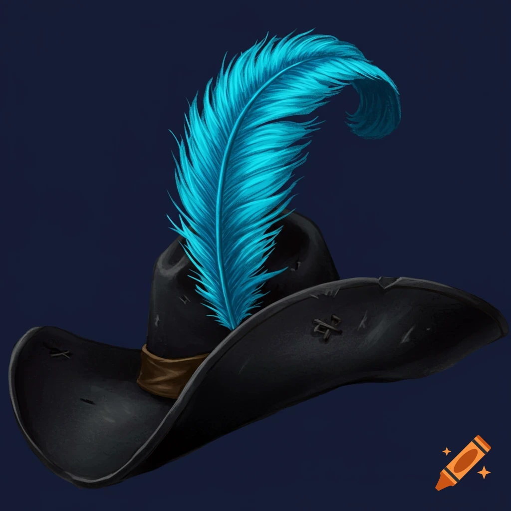 A black pirate hat with a bright blue feather on a dark background.