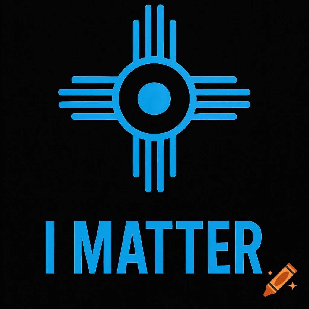 Blue Zia and circumpunct symbols above the text I MATTER on a black background.