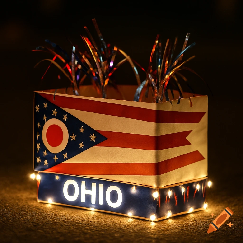 A small box decorated like the Ohio state flag with the text OHIO on the front, lit by string lights, with streamers on top.