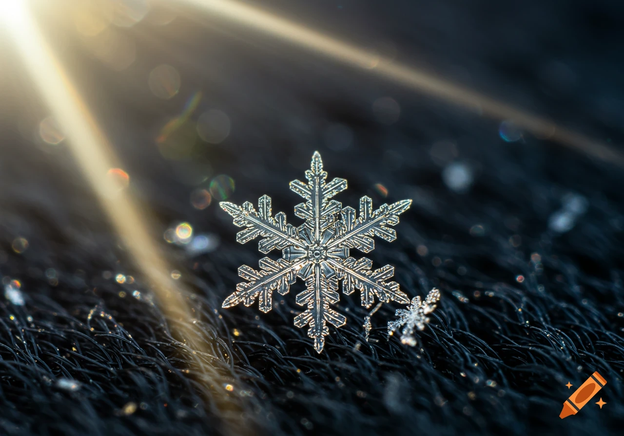 Close-up macro photograph of a snowflake reflecting light rays.