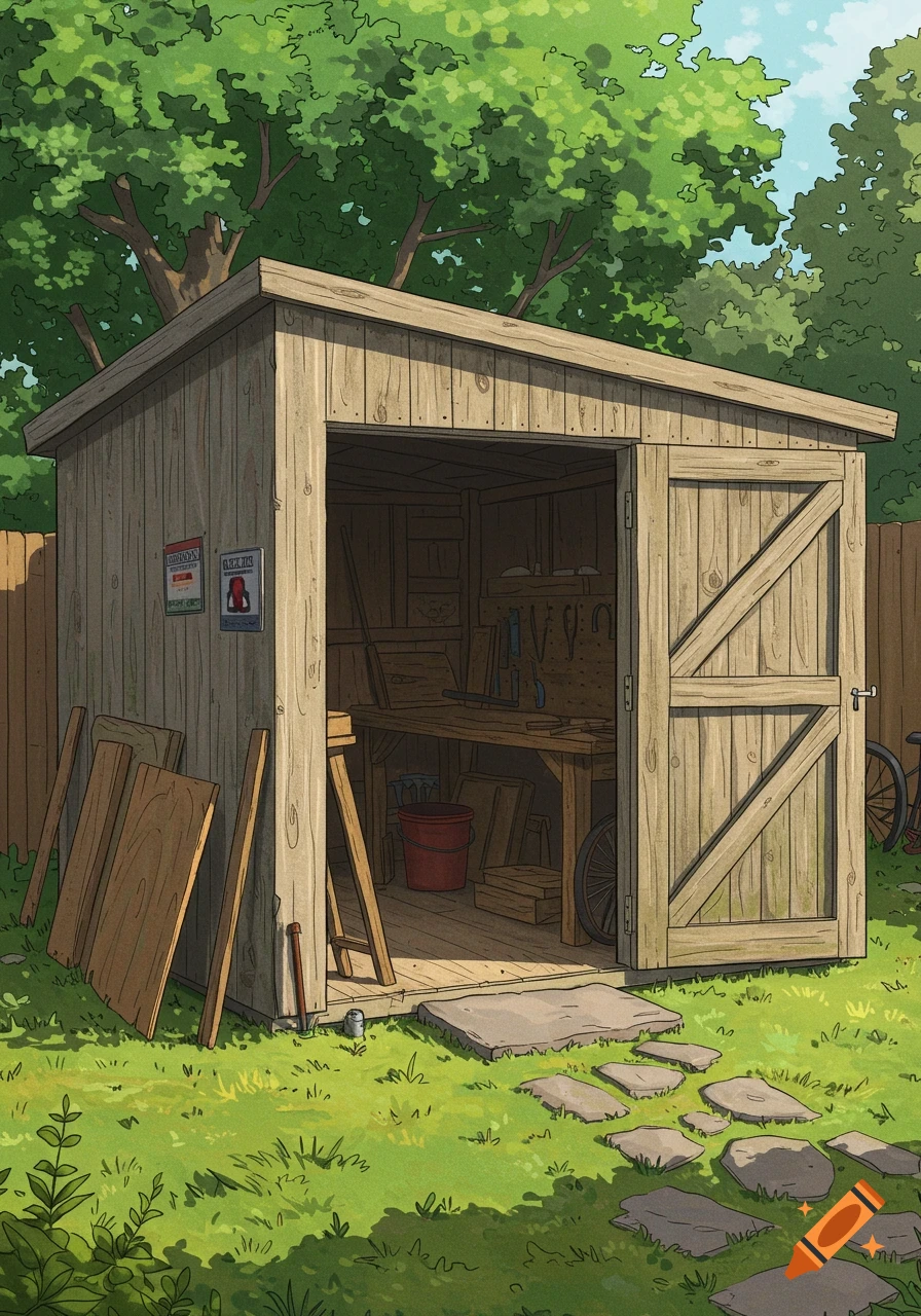 Illustration of an open tool shed in a backyard