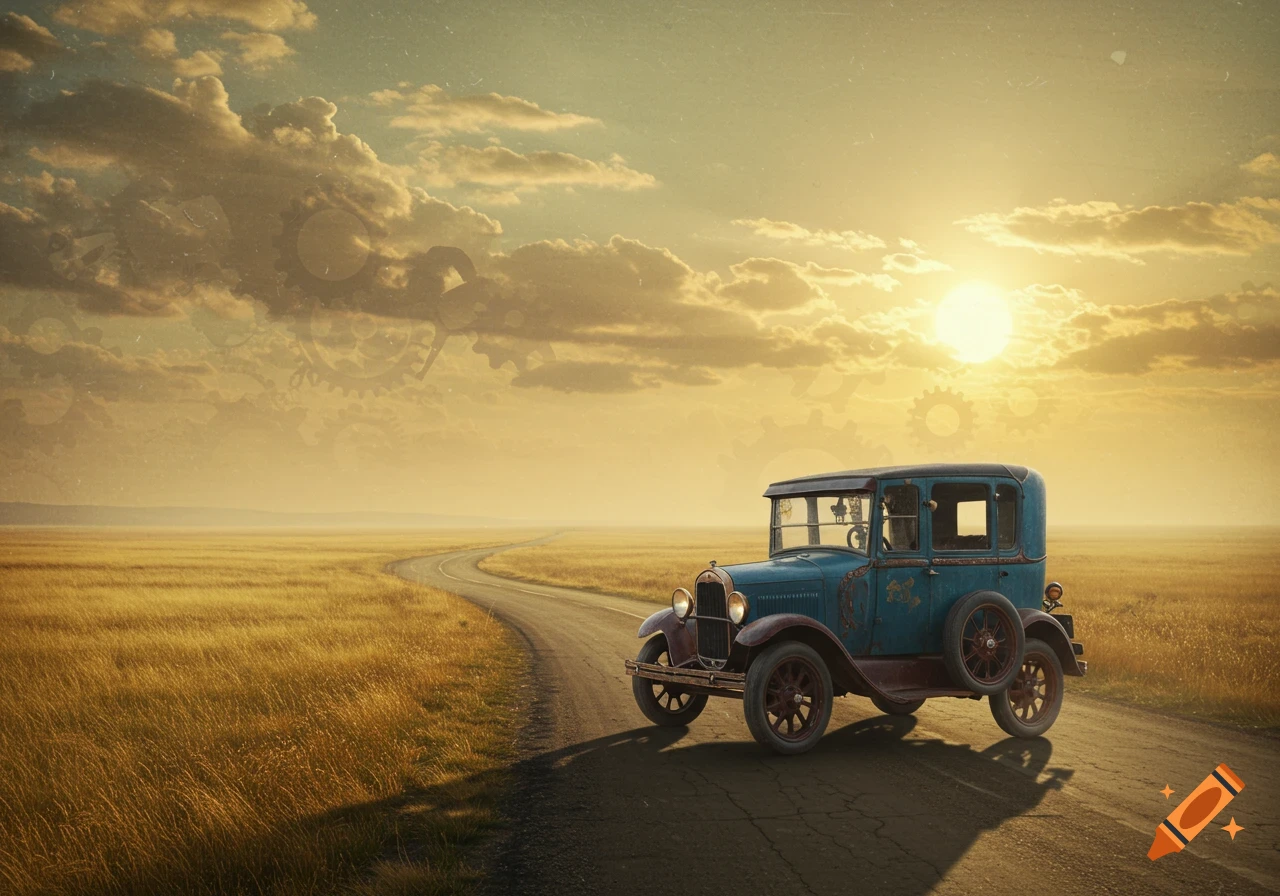 A vintage blue car drives down a road through a golden field at sunset with steampunk gears in the sky.