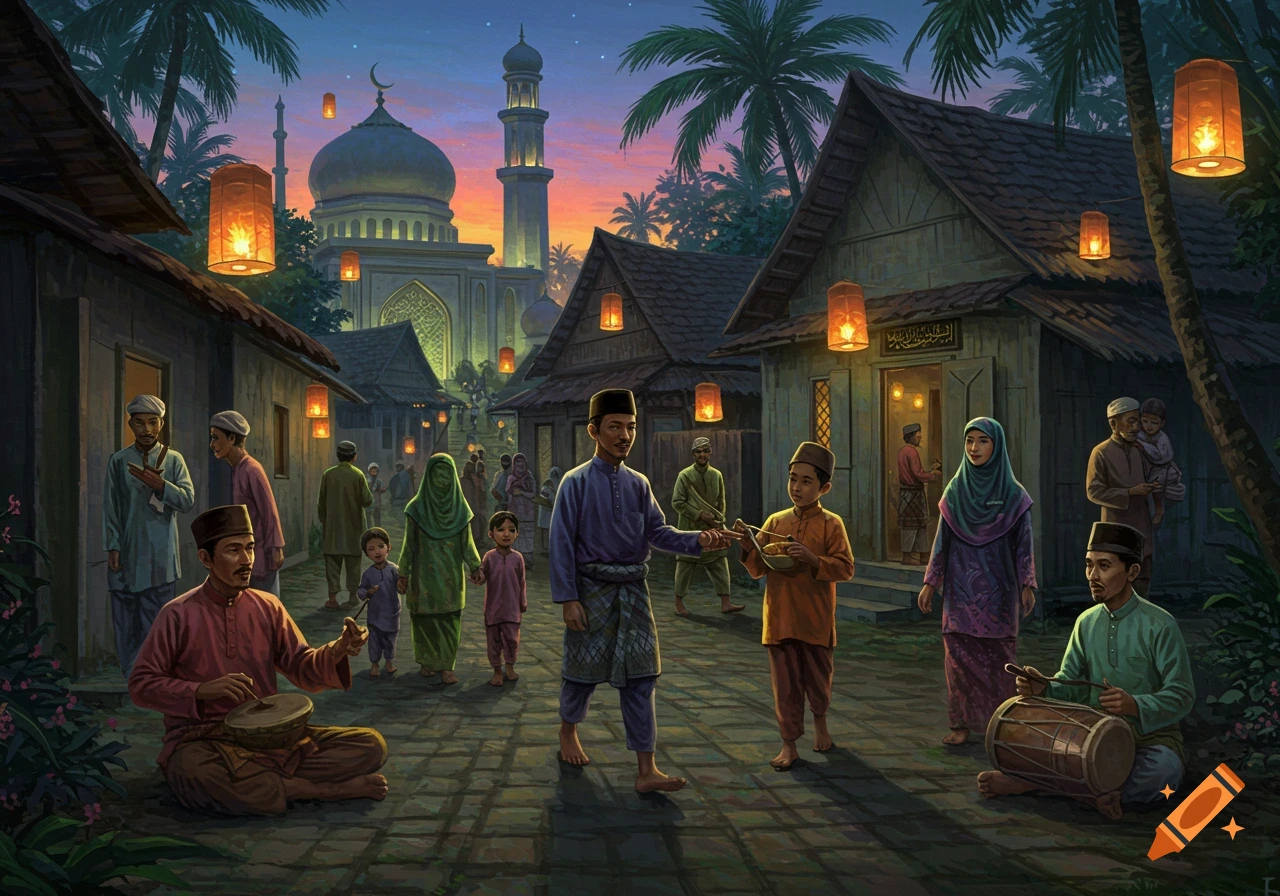 Community gathering in a village at night with lanterns, mosque, and people playing music.
