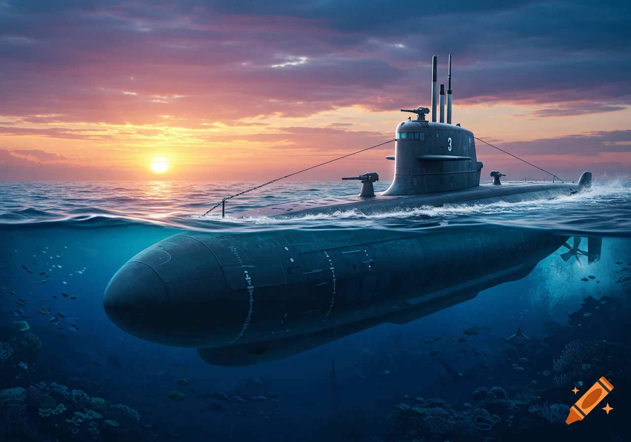 A submarine is partially submerged in the ocean at sunset.