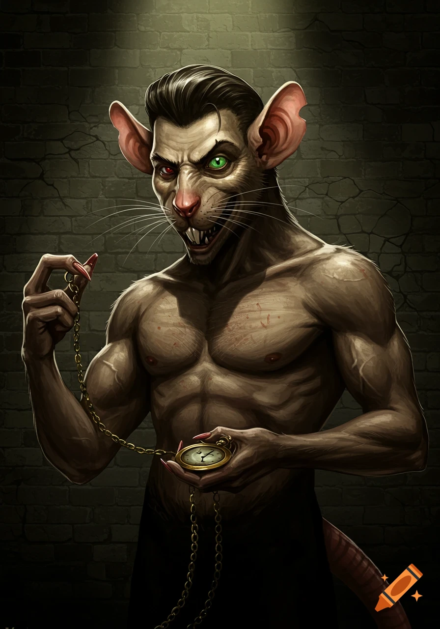 Muscular anthropomorphic rat holding a pocket watch against a brick wall