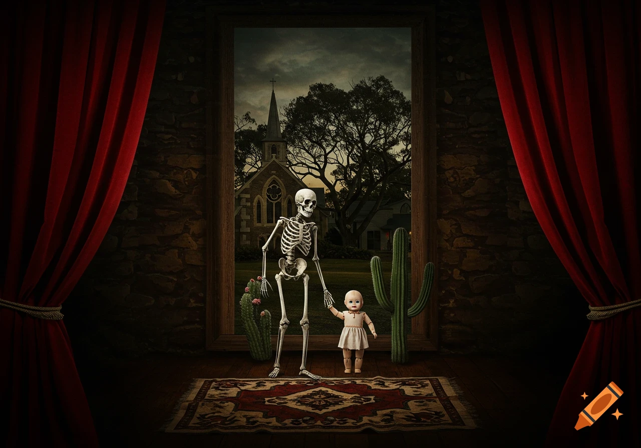 A skeleton and a doll hold hands inside a theatre-like room with red curtains and a window looking out at a church, trees, and house.