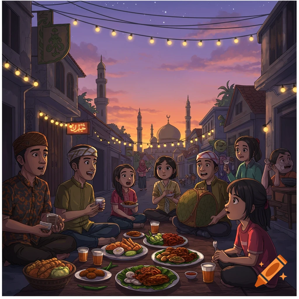 Illustration of a family eating together in a street at sunset with a mosque in the background.