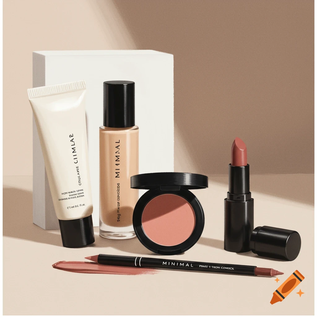 Still life illustration of various cosmetic products including foundation, blush, lipstick, and lip liner.