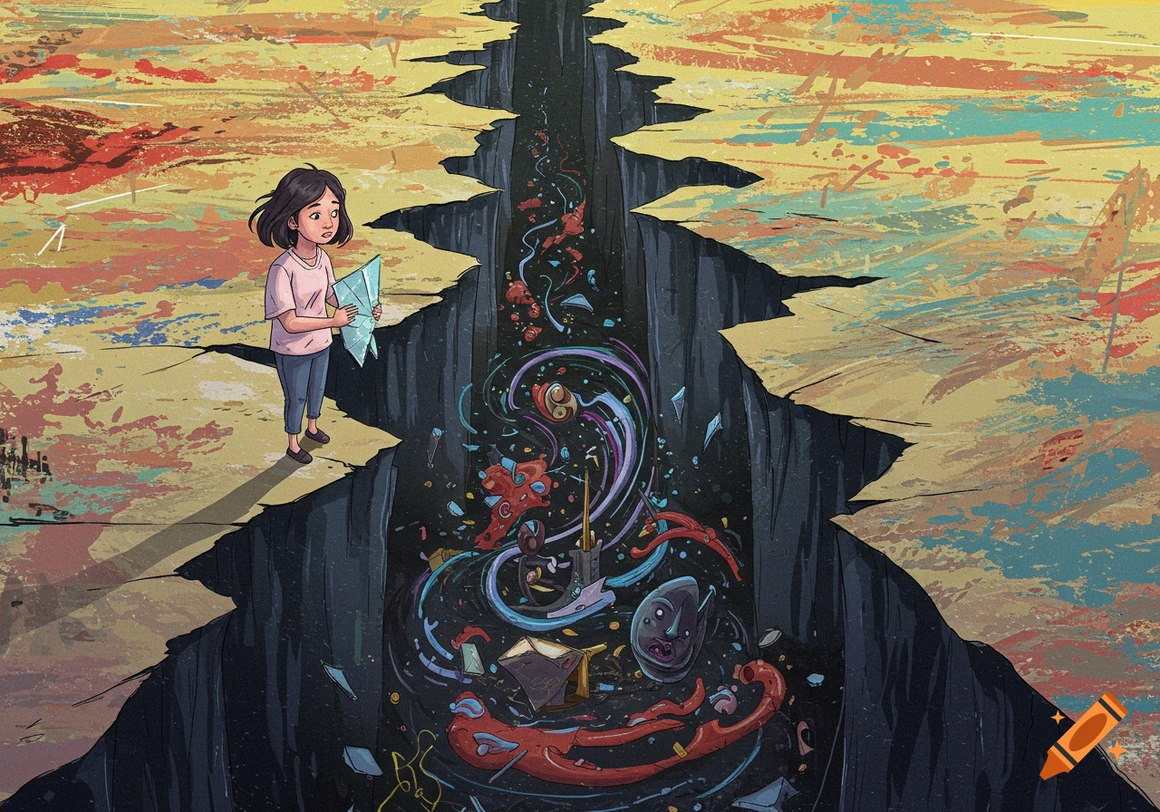 Illustration of a girl standing beside a chasm filled with abstract shapes.
