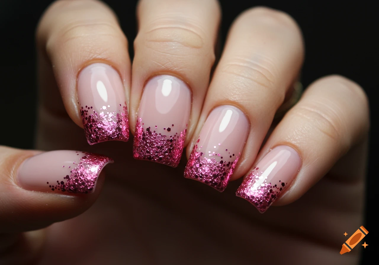 Close-up of fingers with French manicure style nails featuring a nude base and sparkling pink glitter tips.