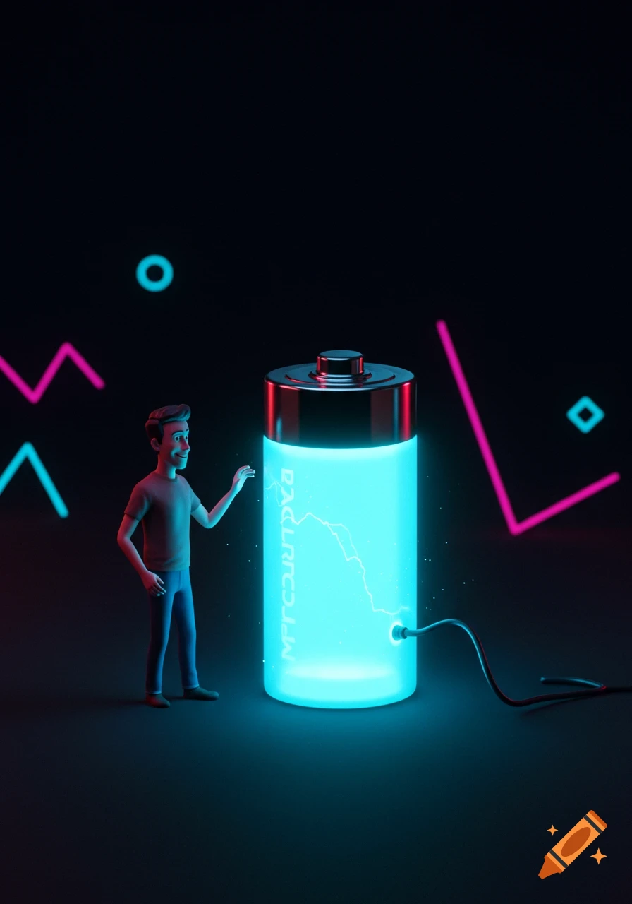 A 3D cartoon man next to a large glowing battery charging in a dark, stylized setting with neon shapes.