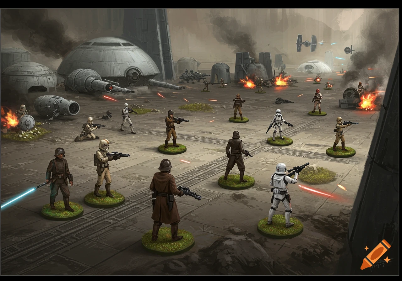 Star Wars miniature figures battle on a war-torn planet surface with vehicles and explosions.