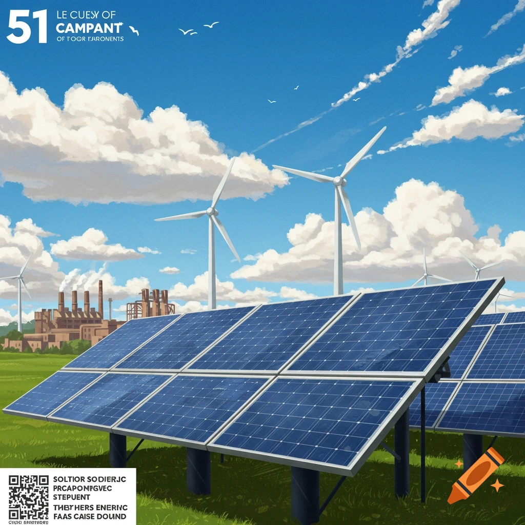 Solar panels and wind turbines in a field with a factory in the background under a blue sky with clouds.