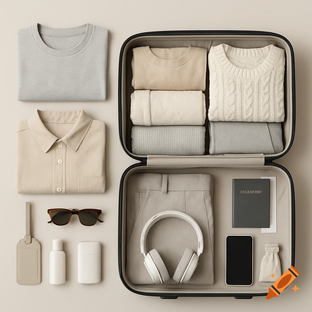 Flat lay of open suitcase packed with clothes, sunglasses, headphones, phone, and passport on a neutral background in a minimalist style.