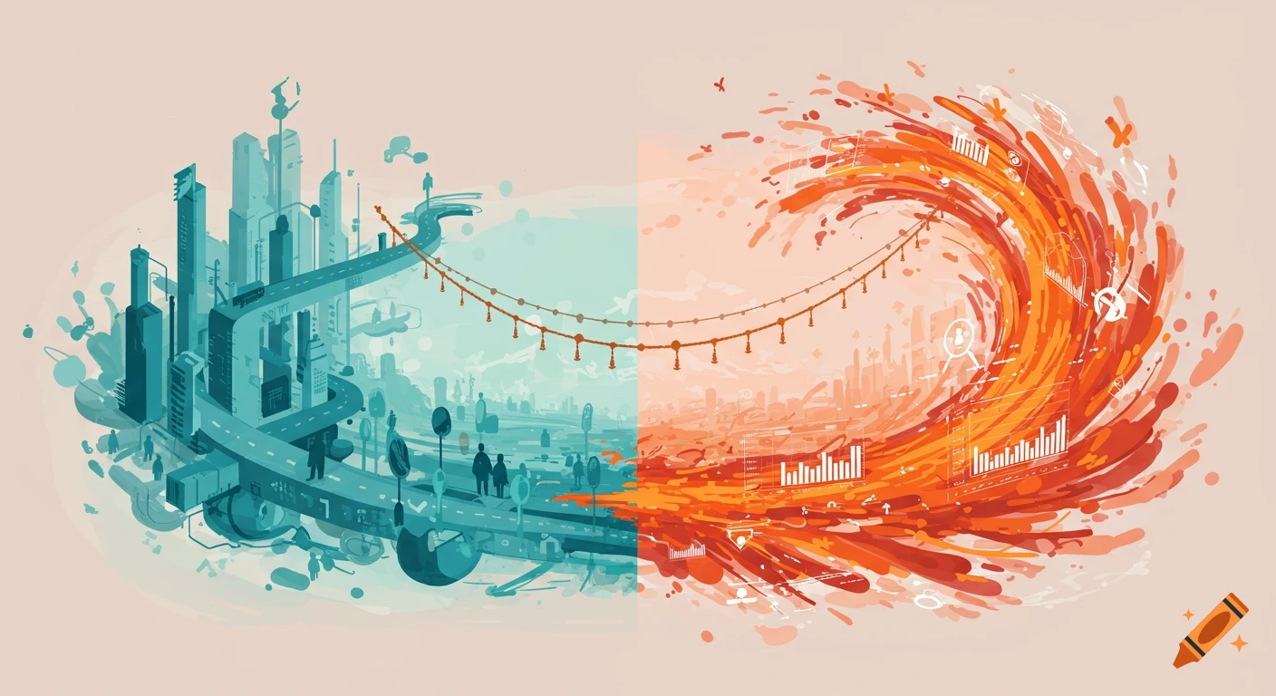 Stylized illustration combining a blue urban landscape with roads and figures on the left, and an abstract orange swirl with charts and graphs on the right, connected by a line.