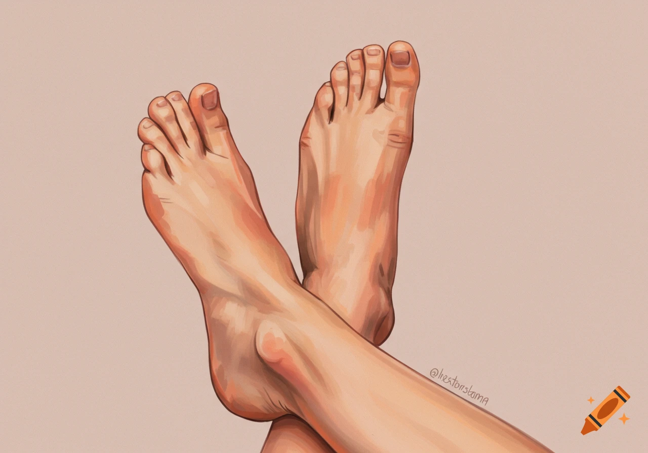 Illustration of two human feet crossed.