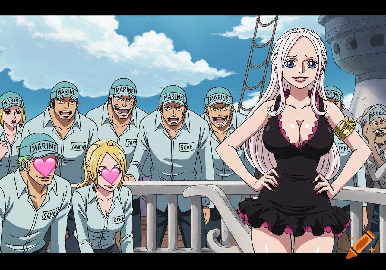 Anime woman in black dress on ship, marines with heart eyes stare at her. One Piece style.