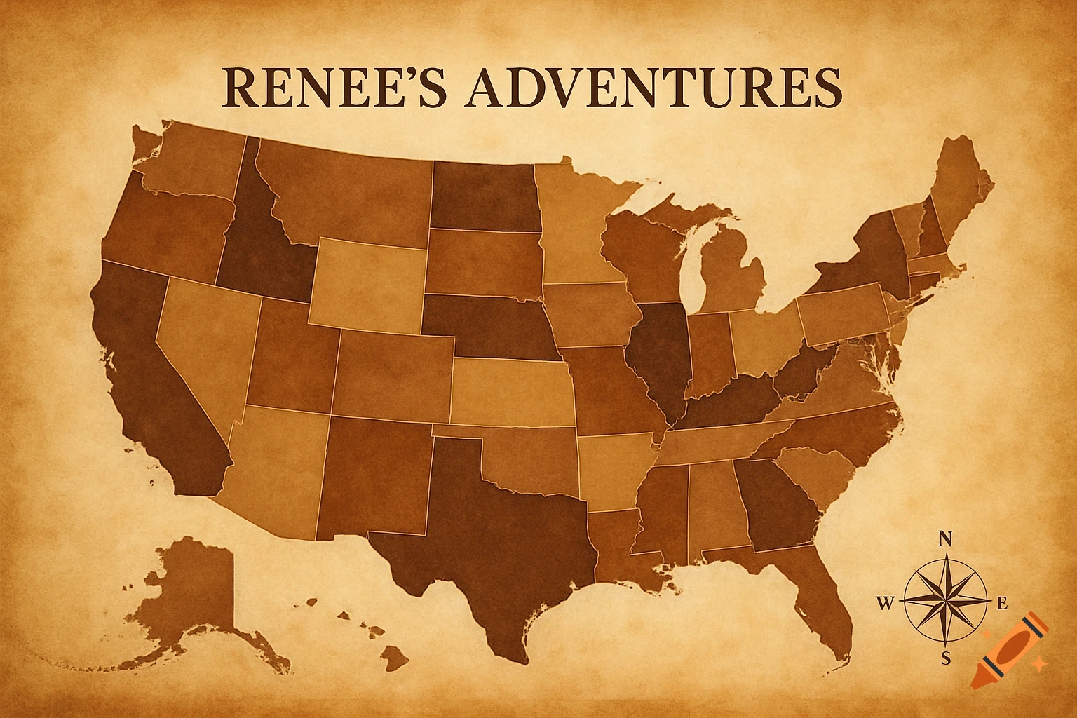 Vintage style map of the USA with title and compass.