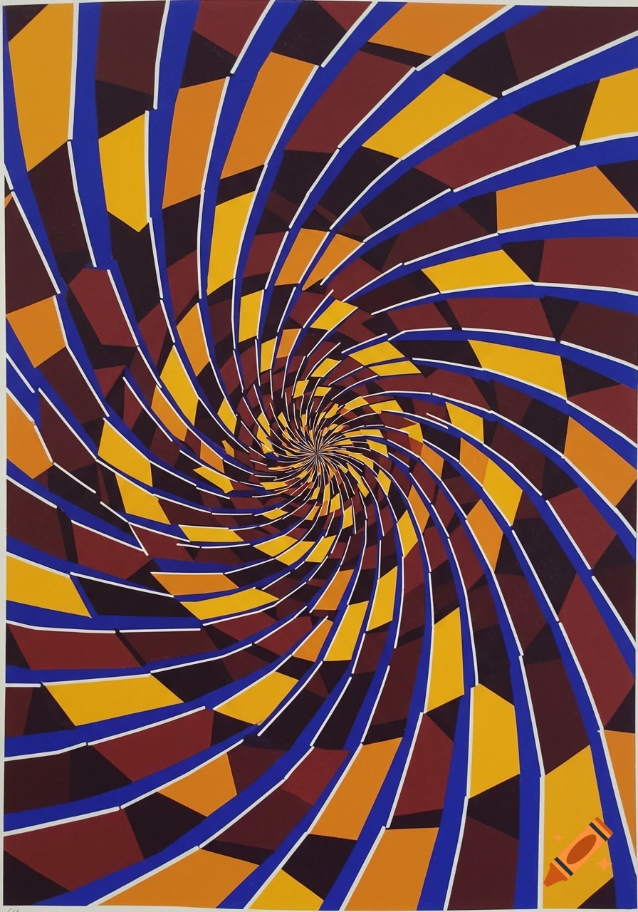 Abstract optical illusion with a swirling pattern of colored geometric shapes.