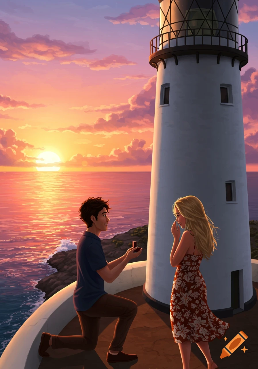 An illustration of a man proposing to a woman at a lighthouse during a sunset.