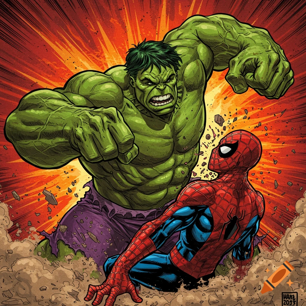 Hulk punches Spider-Man in a dynamic comic book illustration.