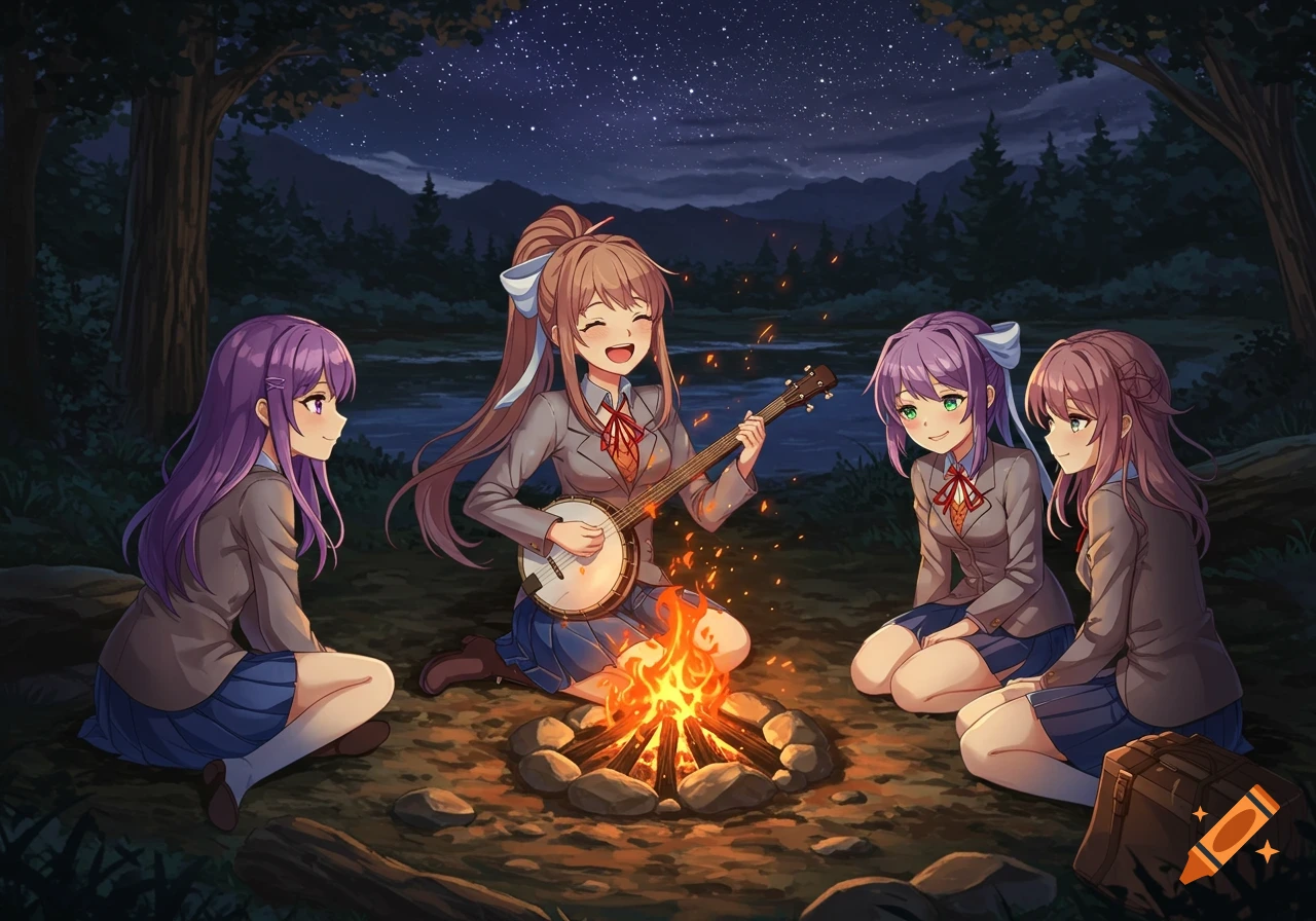 Anime girls around a campfire at night, one plays a banjo.