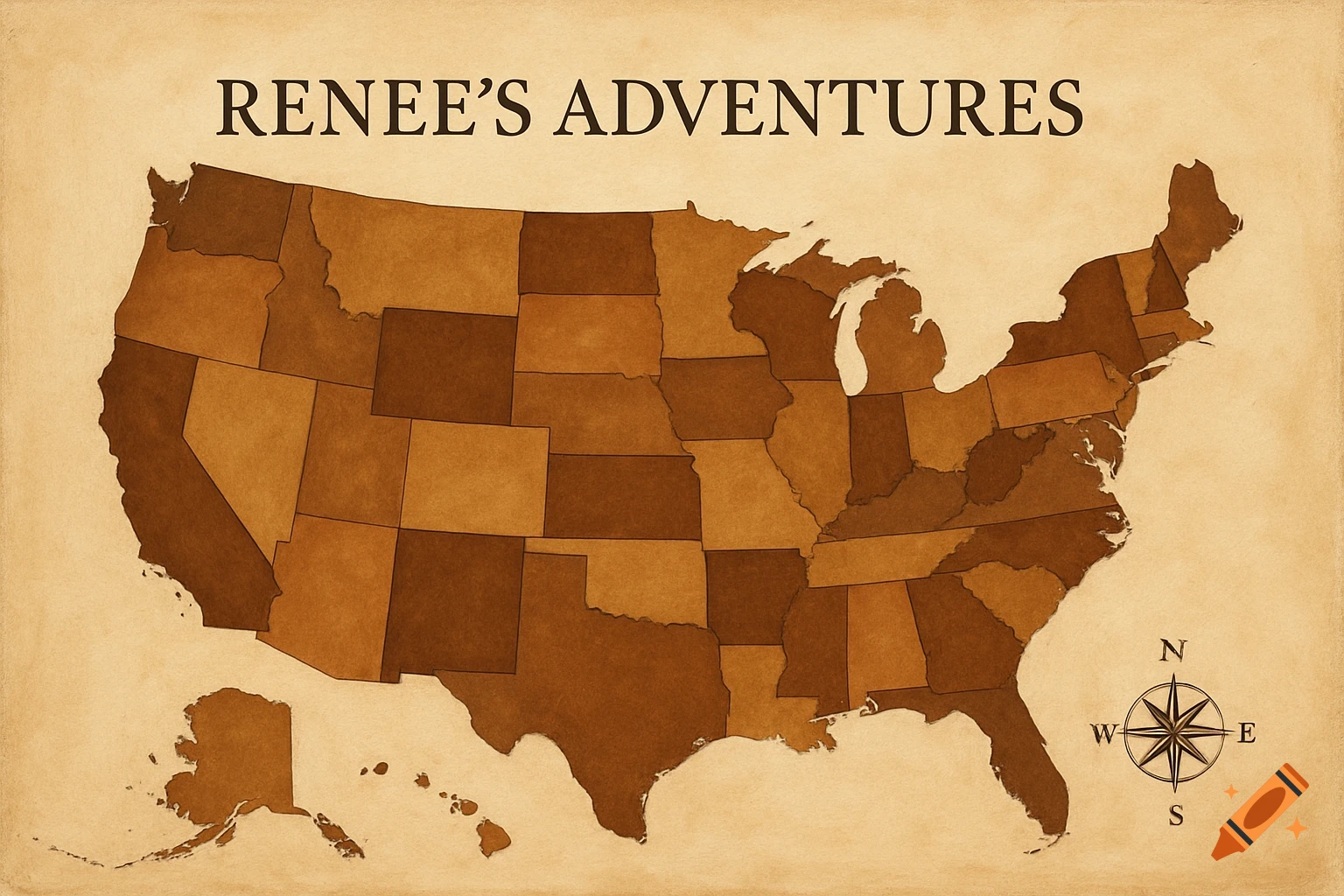 Vintage style map of the USA with text 'Renee's Adventures' and a compass.
