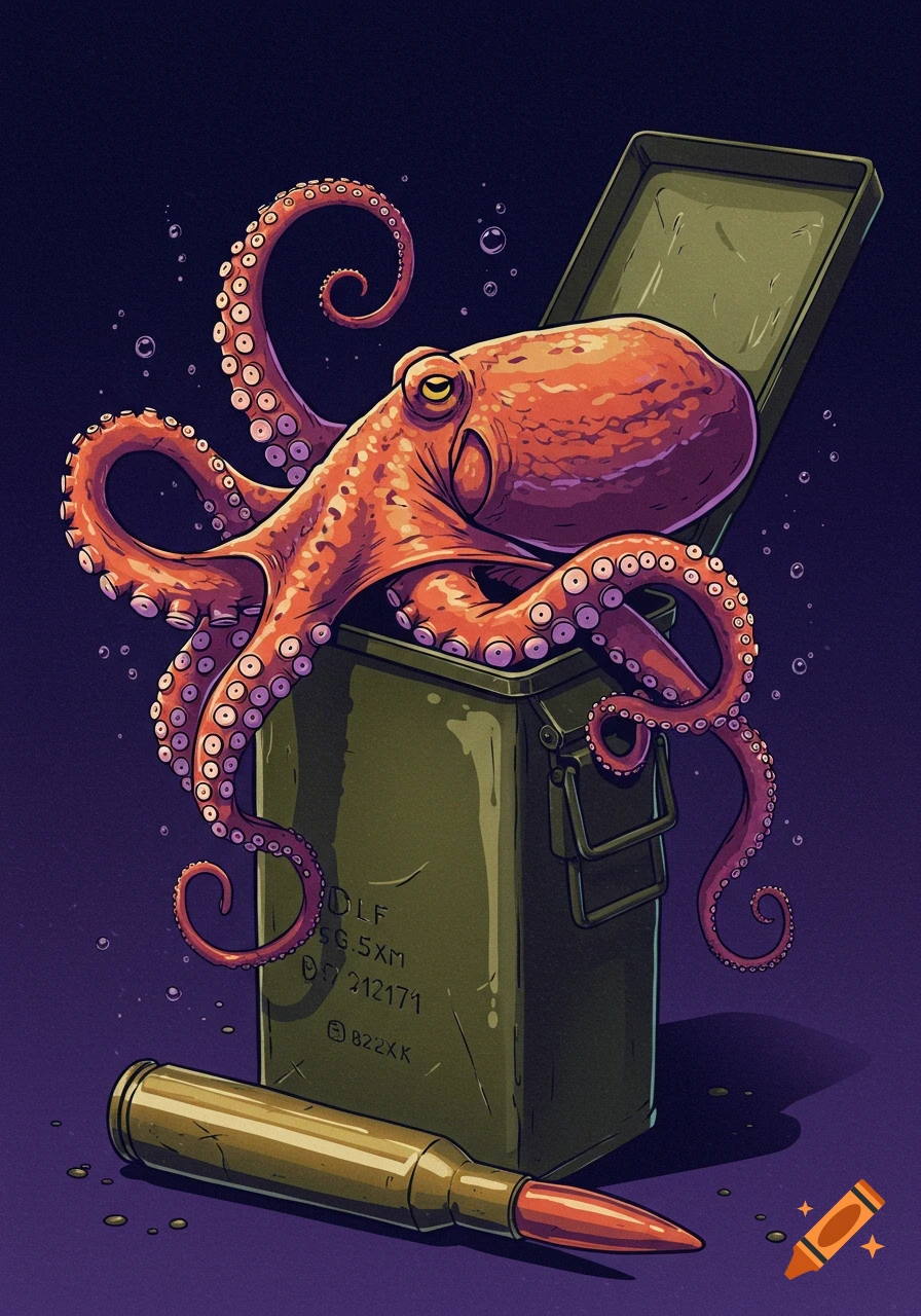 Stylized illustration of an orange octopus emerging from an open green ammo can with a large bullet next to it.