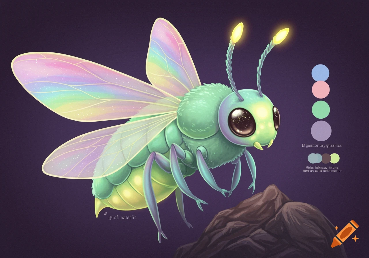 Cute stylized illustration of a glowing green insect with iridescent rainbow wings perched on a rock.