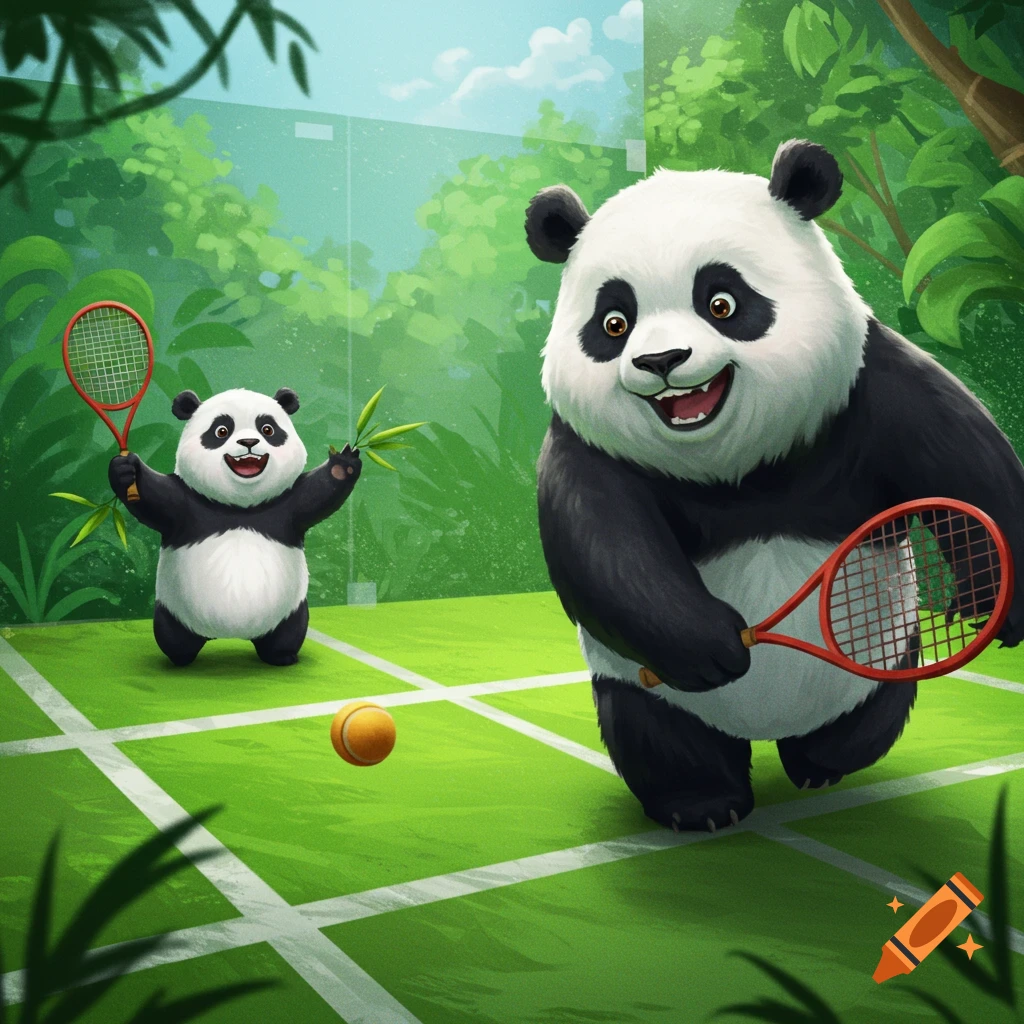 Two cartoon pandas playing tennis on a green court surrounded by jungle.