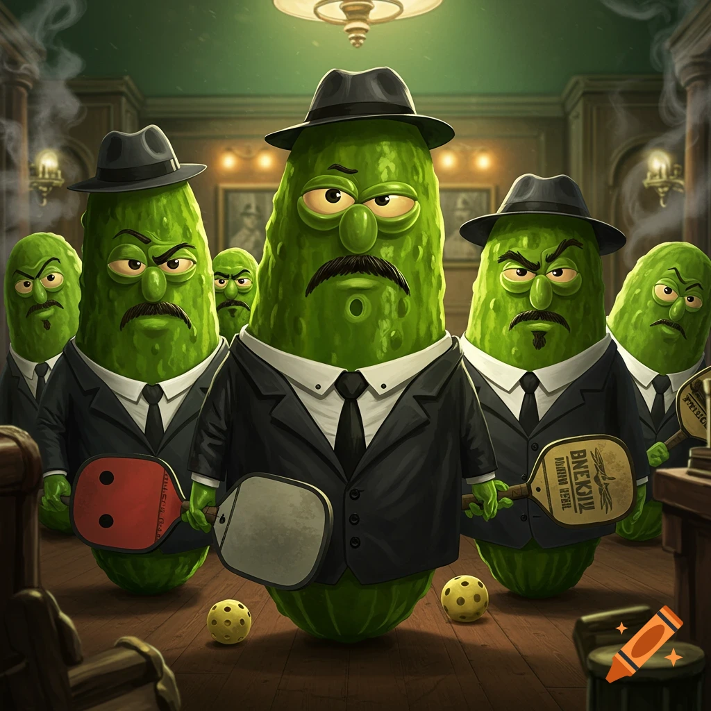 A group of anthropomorphic pickles dressed in black suits and hats like mafia members, standing in a room and holding pickleball paddles.