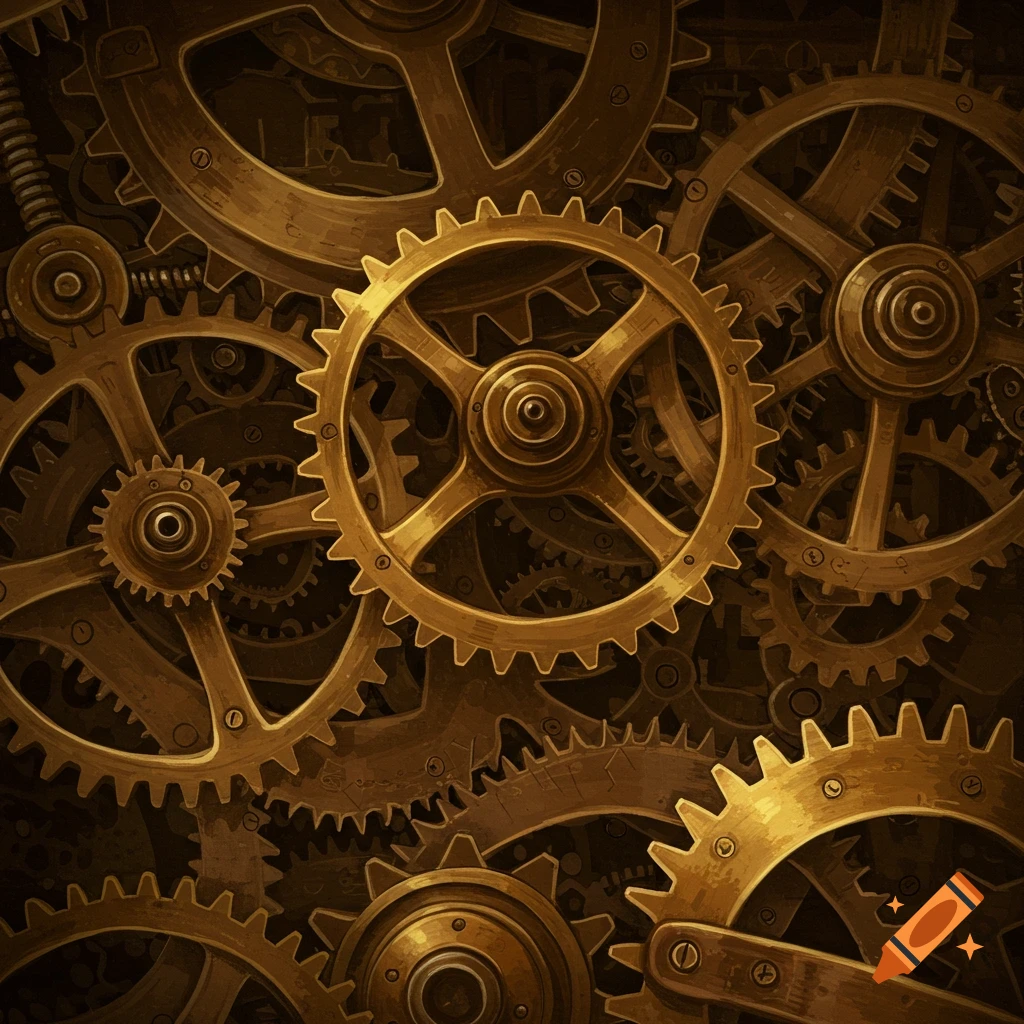 Close-up view of interlocking golden gears