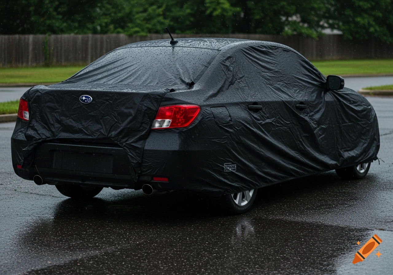 Rear view of a black car covered with a black cover on wet pavement in the rain.