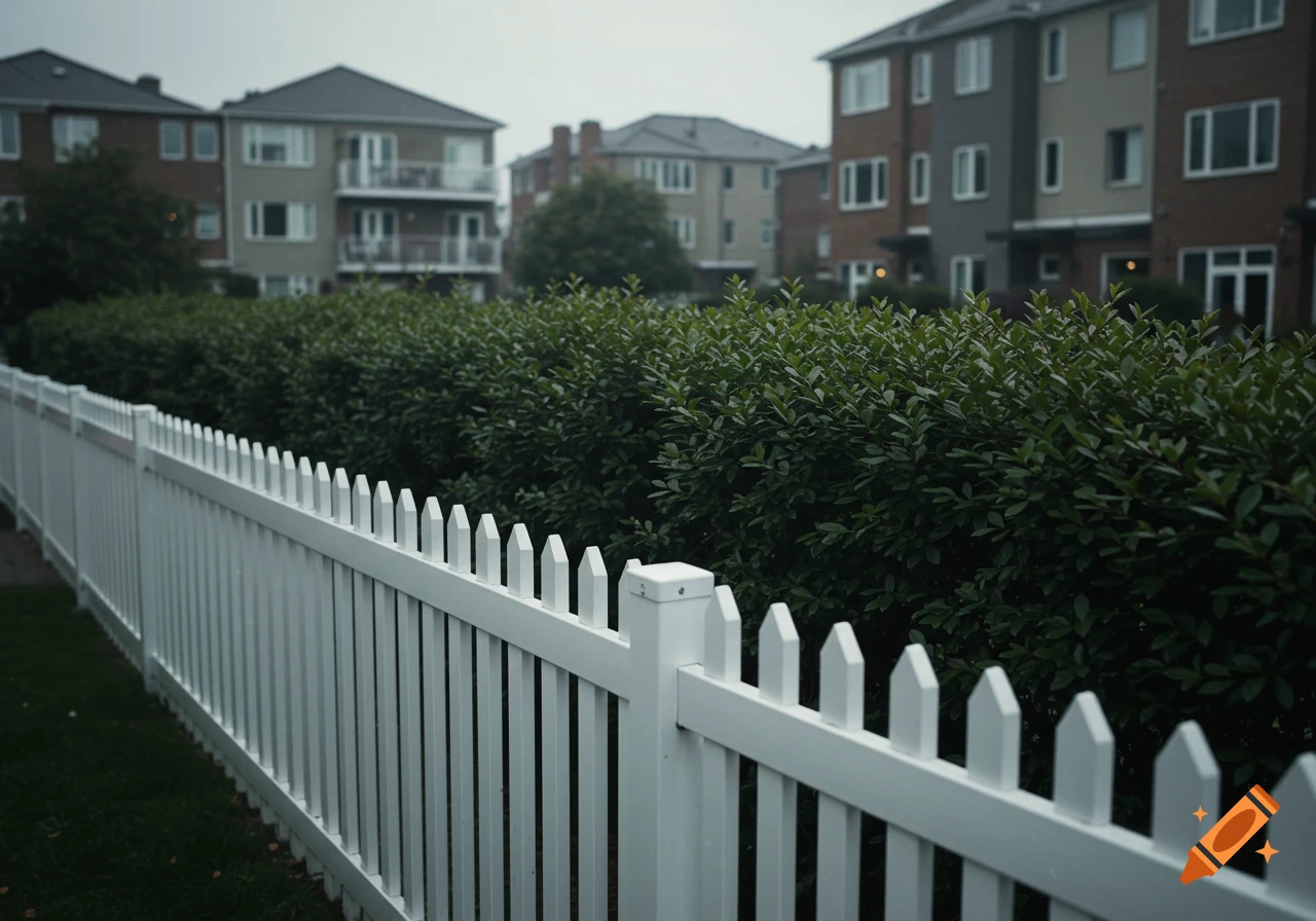 A white picket fence and green shrubs in front of apartment buildings under a cloudy sky.