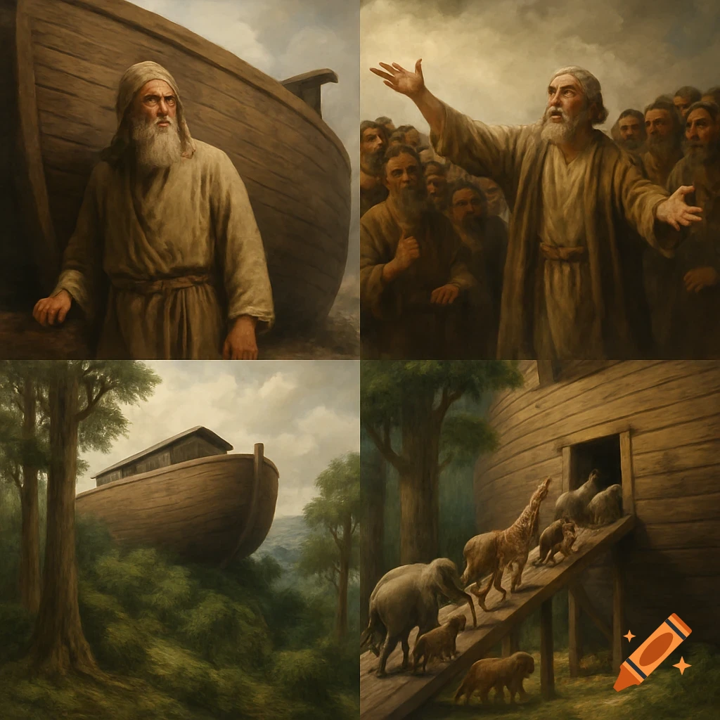 Four panels depicting Noah by the ark, preaching, ark on a hill, and animals boarding the ark. Painting style.