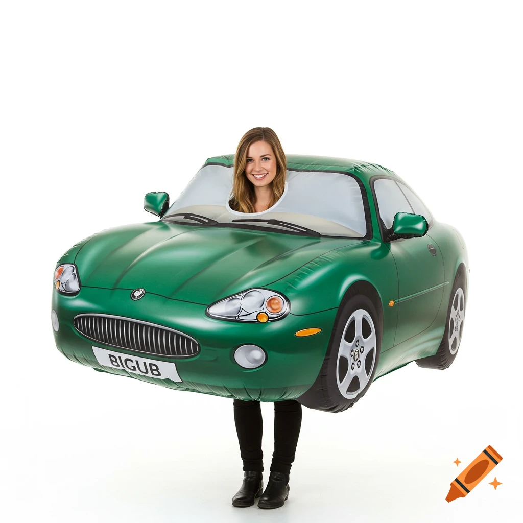 A woman smiles while wearing an inflatable green car costume against a white background.