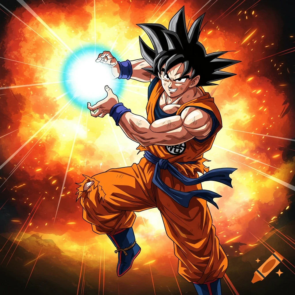 Goku from Dragon Ball Z charging a blue energy ball in an explosive orange background.